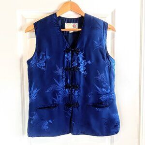 Vintage Peony Shanghai Blue Silk Jacquard Puffer Vest